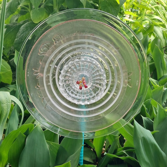 Pink Glass Garden Flower Stake, Clear Repurposed Dish Suncatcher, Whimsical Lawn Yard Art Decor