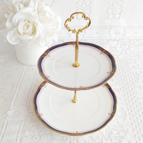 Handmade Noritake Bone China 2-Tier Cake Stand: Lady Eve, Gold & Cobalt Blue