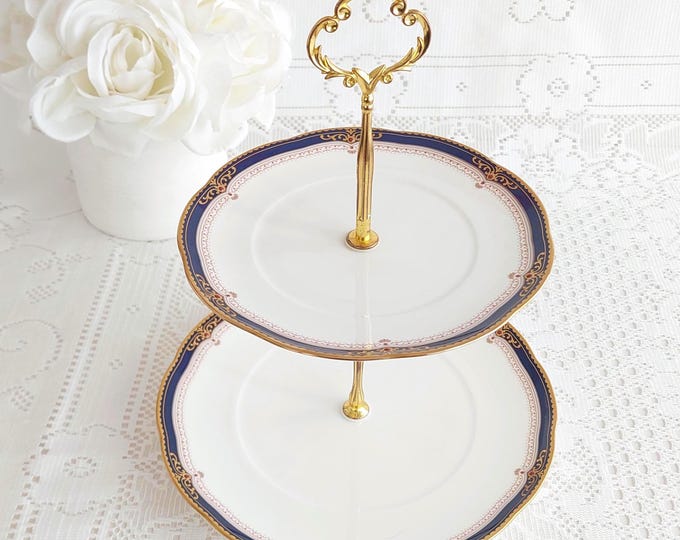 Handmade Noritake Bone China 2-Tier Cake Stand: Lady Eve, Gold & Cobalt Blue