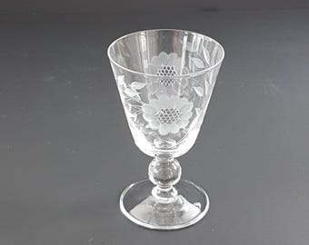 Vintage WJ Hughes Cornflower Crystal Water Glasses - Etched 12 Petal, Bulbous Stem, 6oz Set of 4 or Set of 2