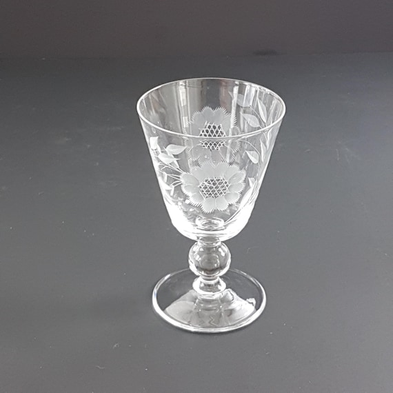 Vintage WJ Hughes Cornflower Crystal Glasses: Etched Floral Stemware, Set of 4
