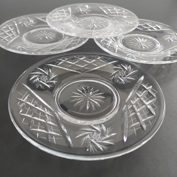 Vintage Pinwheel Crystal Plates - Set of 4 Cut Glass 6" Dessert Plates