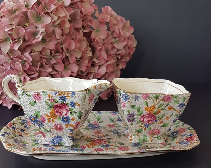 Royal Winton OLD COTTAGE CHINTZ Cream Sugar Set, Made in England, 1930s