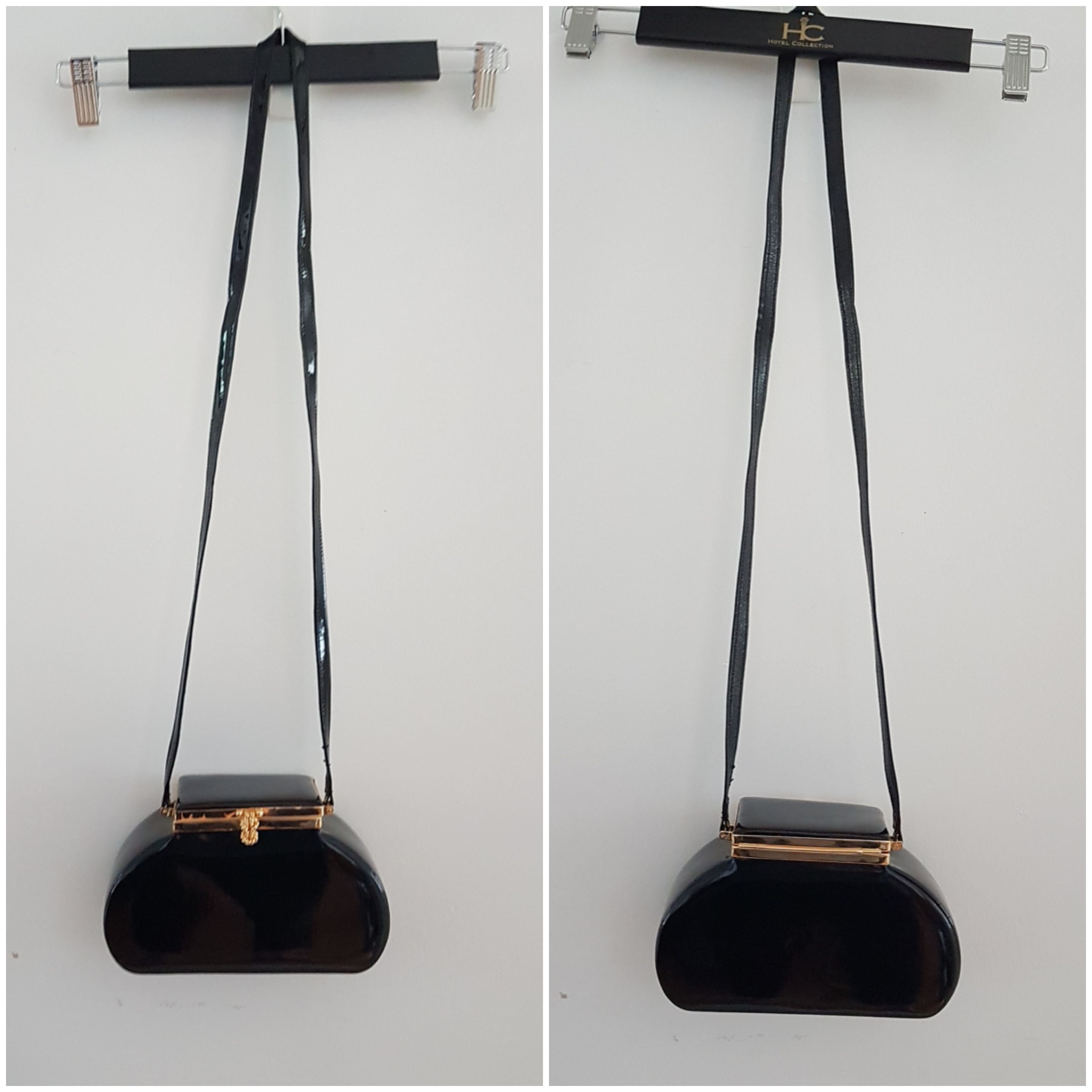 Black Patent Leather Box Purse, Vintage Brumelle Milano Italy, Opens on