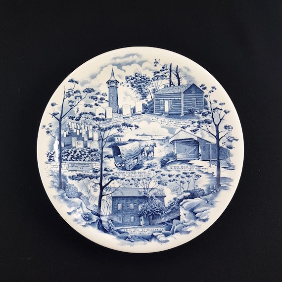 Vintage Johnson Brothers Dinner Plate: Ontario Mennonite Folklore, Blue Transferware