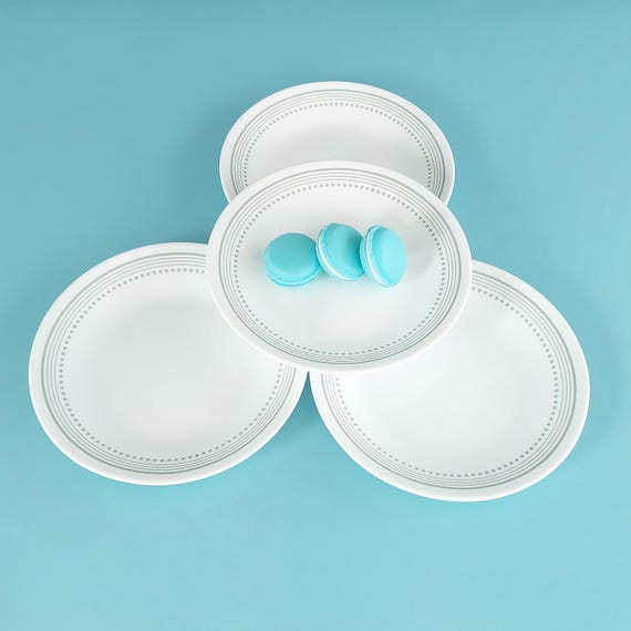 Set of 4 Corelle Mystic Gray 6.75" Appetizer Side Plates Dotted Band Pattern