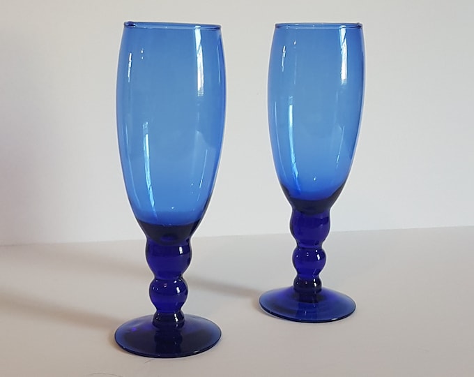 Pair of Cobalt Blue Glass Tall Wine Glasses, Set of 2 Blown Glass Champagne Flutes, 8oz, 3 Ball Design Stem