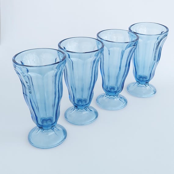 Vintage Anchor Hocking Blue Milkshake Glasses Set, Retro Footed Ice Cream Sundae Parfait Cups