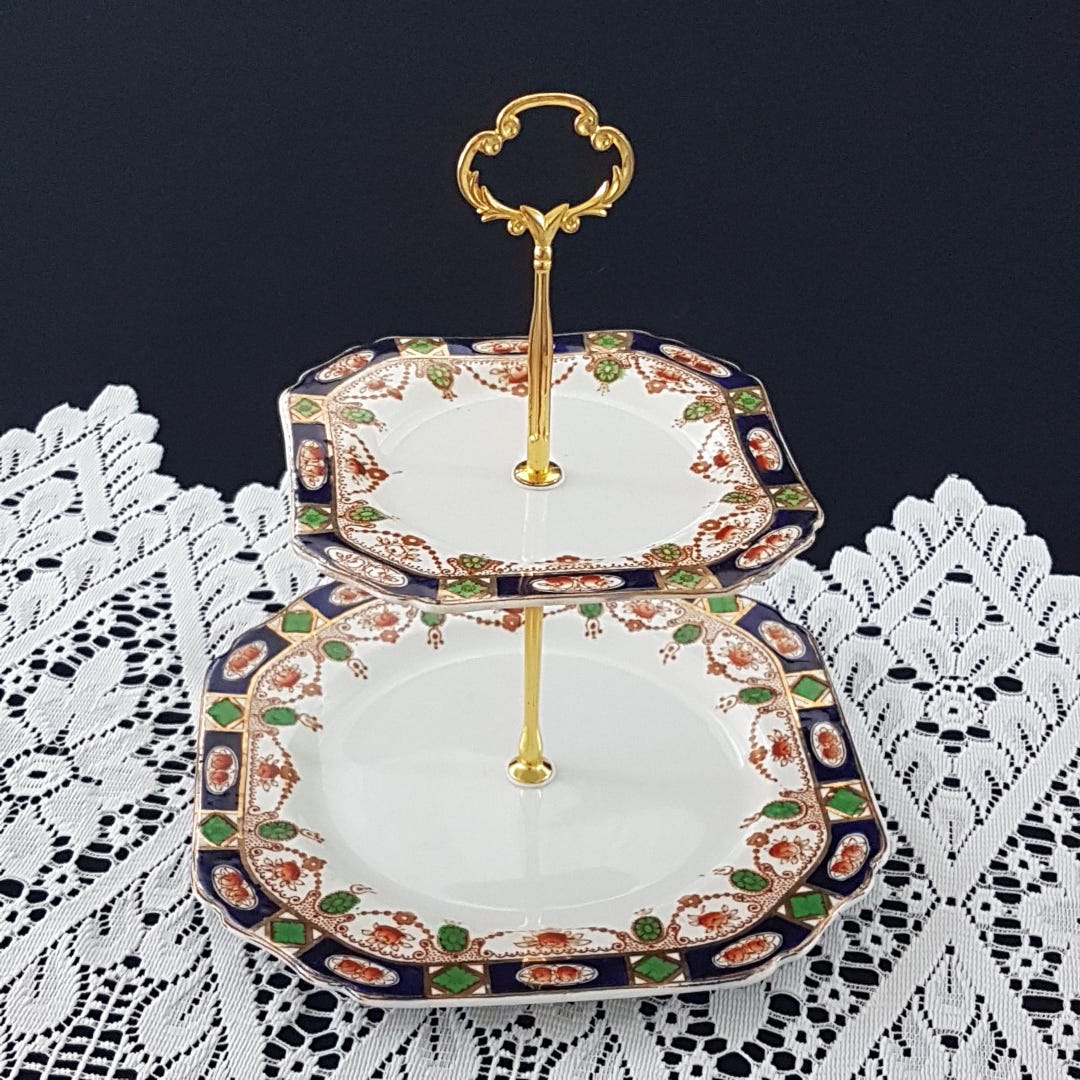 Tier Plates 2 Tier Cake Stand, Imari Tiered Plates, Bridgerton Dessert Stand ...