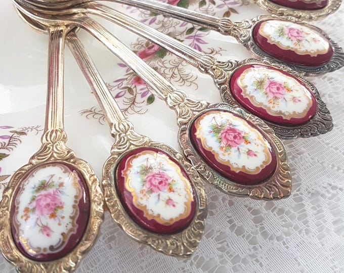 Vintage-Style Demitasse Spoons with Pink Rose Porcelain Inlay: Set of 6 Stainless Steel Afternoon Tea Party Accessories