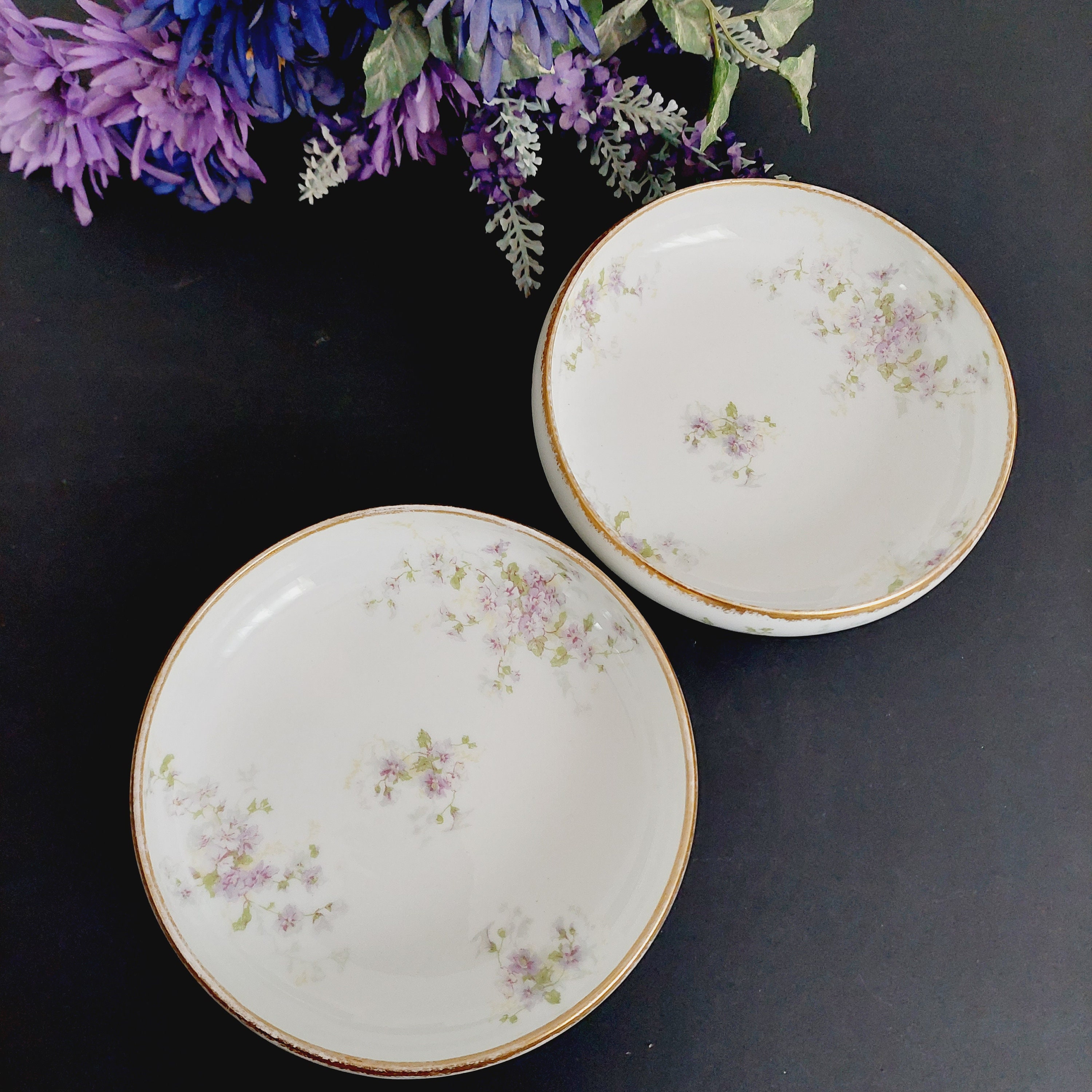 Limoges Porcelain Footed Dessert Bowls, Set of 2, Purple Flowers, GDA