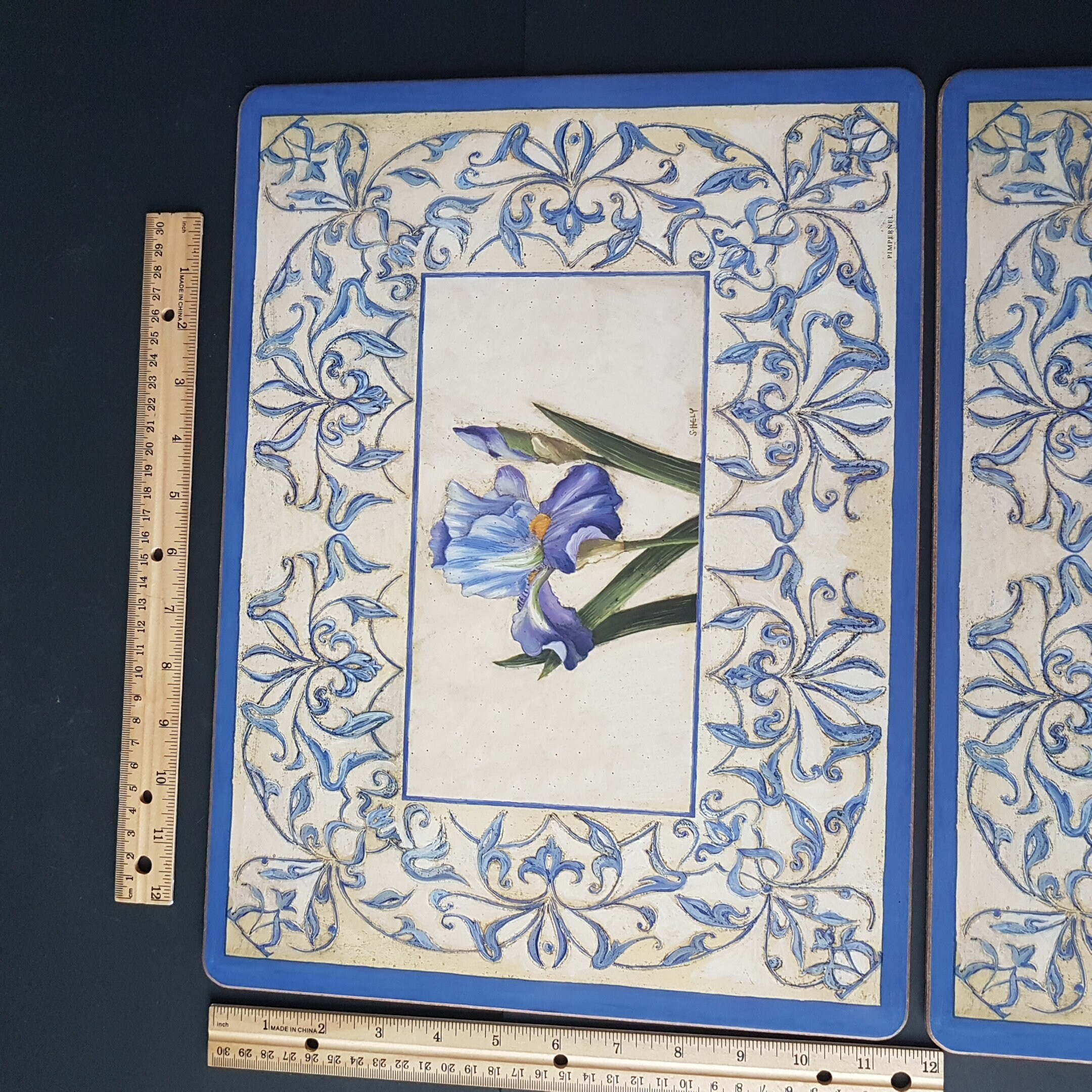 Vintage Pimpernel Corkback Placemats, Set of Four Blue Flower Hardboard