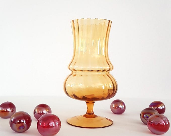 Empoli Glass Flower Vase, Vintage Amber Blown Glass Pedestal Vase, Mid Century Art Glass