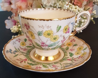 Bone China Tea Cup and Saucer, Spring Flowers on Pink, Vintage Royal Tuscan China, England, 1950s