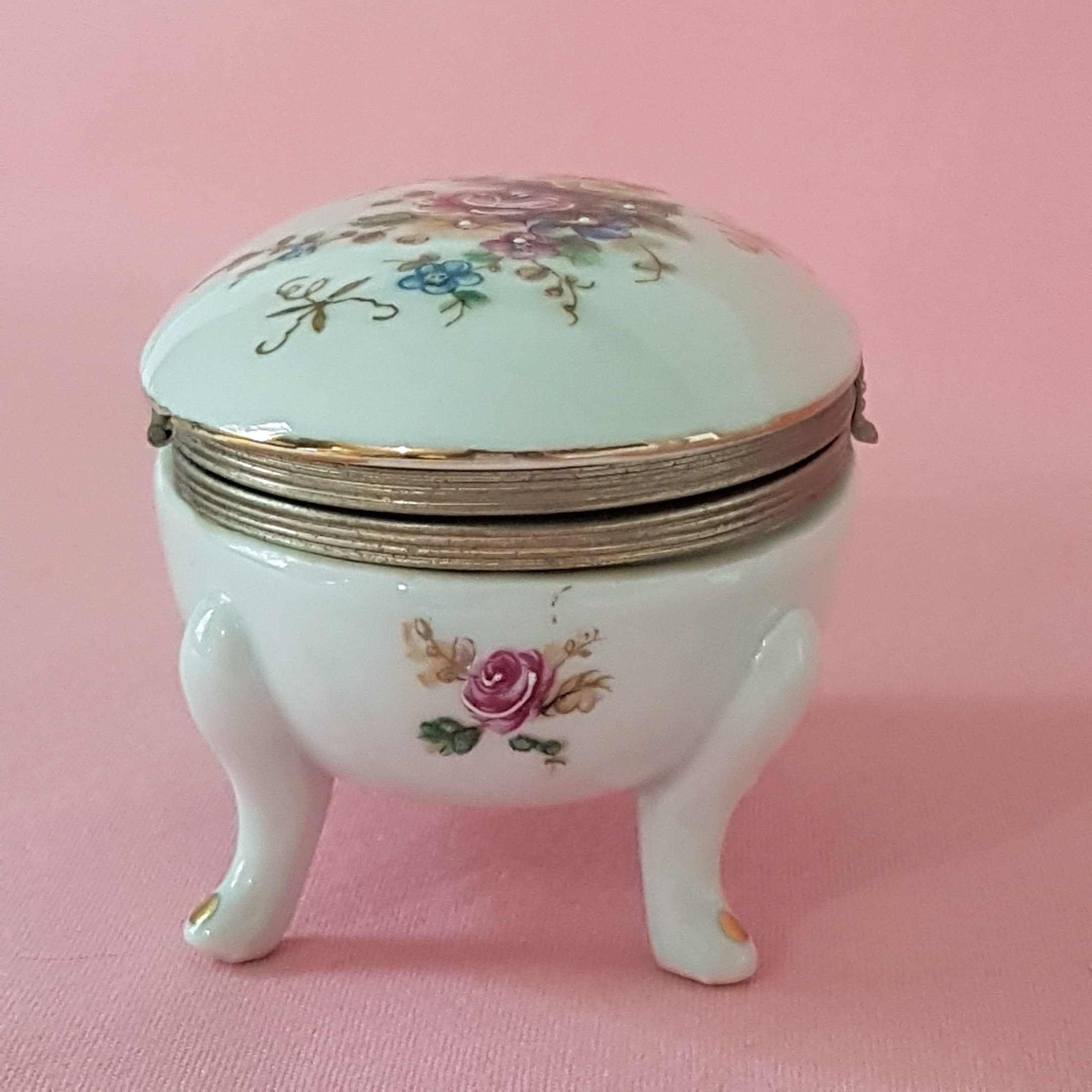 Hand Painted Oval Porcelain Trinket Box with Hinged Top, Romantic