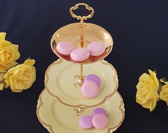 3 Tier Cake Stand, Mismatched Vintage Plates, Yellow Monogrammed Limoges, Golden Age Royal Winton, Tea Party Serving Tray