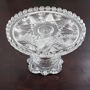 Vintage 1887 Belmont Glass Works Globe & Star Clear Pedestal Cake Stand - Antique Dessert Serving Plate