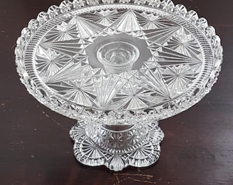 Vintage 1887 Belmont Glass Works Globe & Star Clear Pedestal Cake Stand - Antique Dessert Serving Plate