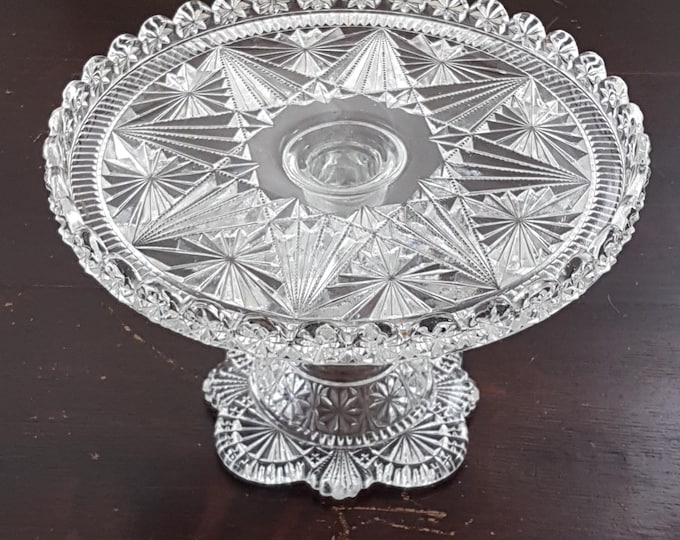 Vintage 1887 Belmont Glass Works Globe & Star Clear Pedestal Cake Stand - Antique Dessert Serving Plate