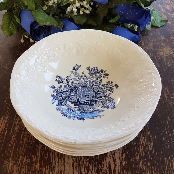 Vintage Mason's Ironstone Ascot on Oak Cereal Bowl Set: Blue Floral Embossed Rim, England