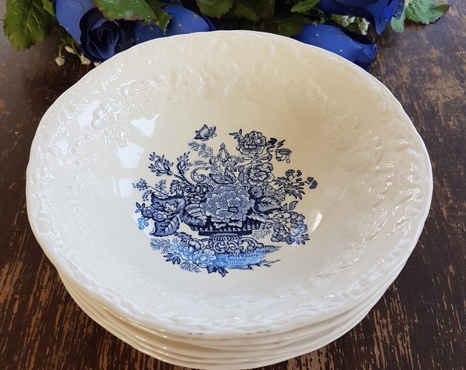 2pc Mason's Ironstone ASCOT ON OAK Blue Cereal Coupe Bowl with Embossed Nuts Leaves, 1940s