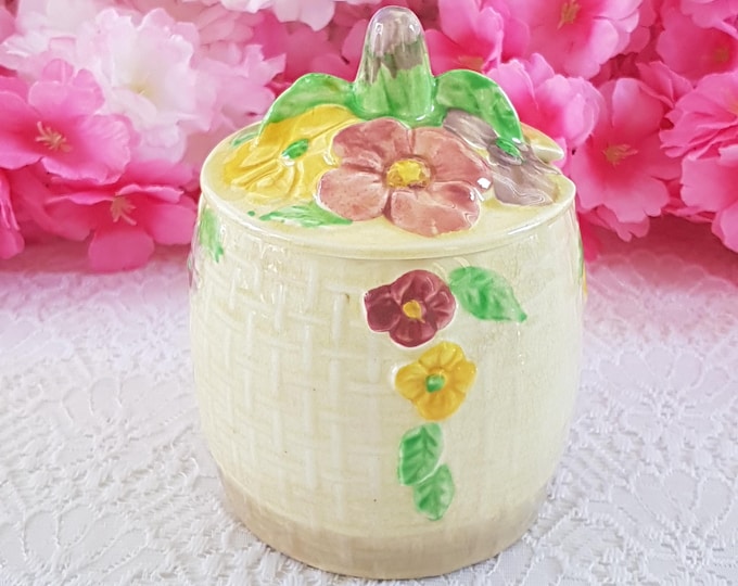 Vintage Wade Heath England Majolica Floral Sugar Bowl with Lid & Spoon - Versatile Condiment Jar