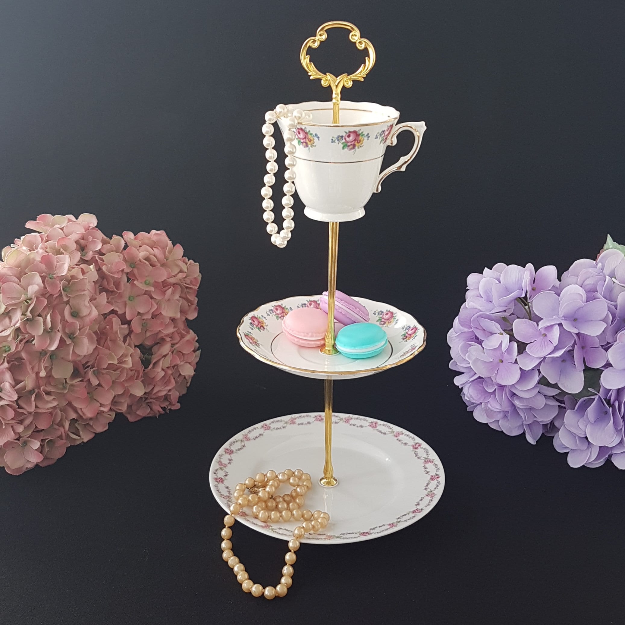 Upcycled Porcelain Tea Cup and Saucer Cake Stand, Small Shabby Chic Tiered Tray, Jewelry Trinket