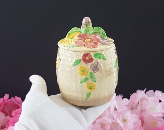 Vintage Wade Heath England Majolica Floral Basket Weave Lidded Sugar Bowl & Preserve Jar
