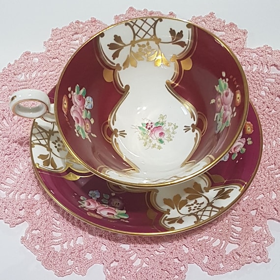 Vintage 1920s Samuel Radford English Bone China Teacup Set Pink Roses Red Panels