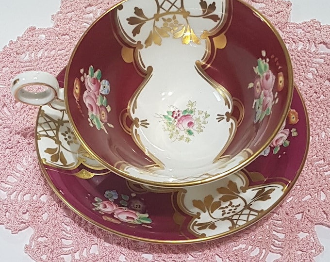 Vintage 1920s English Bone China Hand-Painted Teacup Set: Pink Roses, Red Panels, Wide Mouth