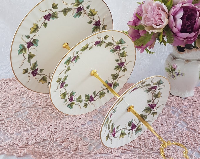 3 Tier Cake Stand, Royal Worcester BACCHANAL, Purple Grapes, Bone China, Tea Party, Serving Tray