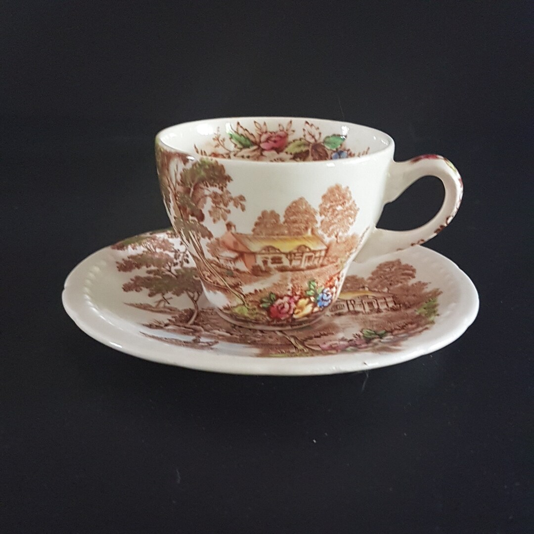 Swinnertons THE FERRY Demitasse Tea Cup & Saucer, Brown Transferware River Scene on Ironstone
