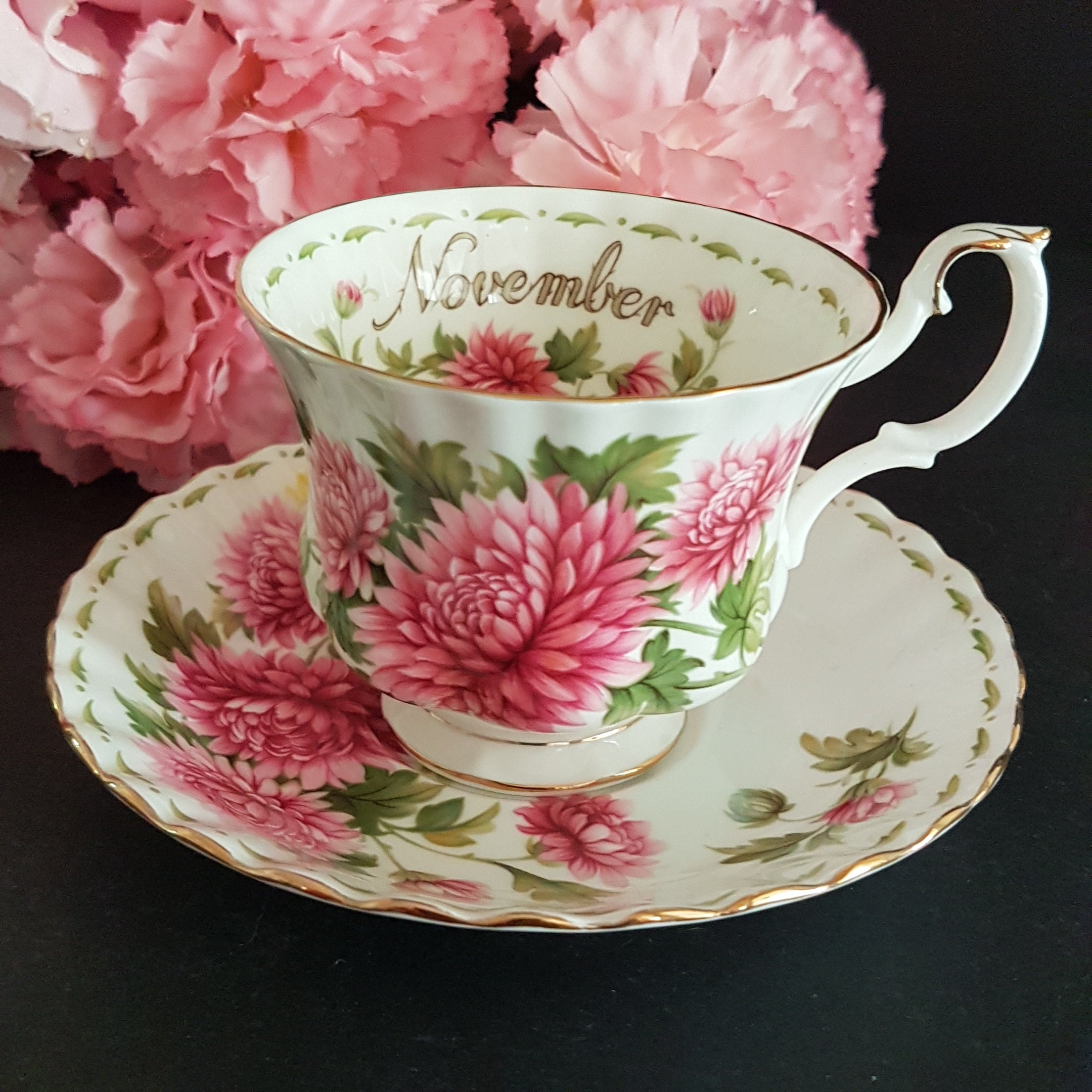 Vintage Royal Albert NOVEMBER Tea Cup & Saucer, Pink Chrysanthemum