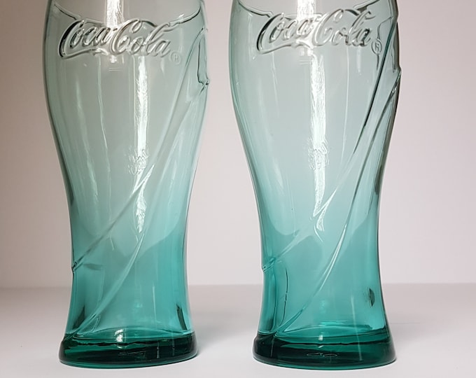 Set of 2 Coca Cola Teal Green Glass Tumblers, 12oz Drinking Glasses