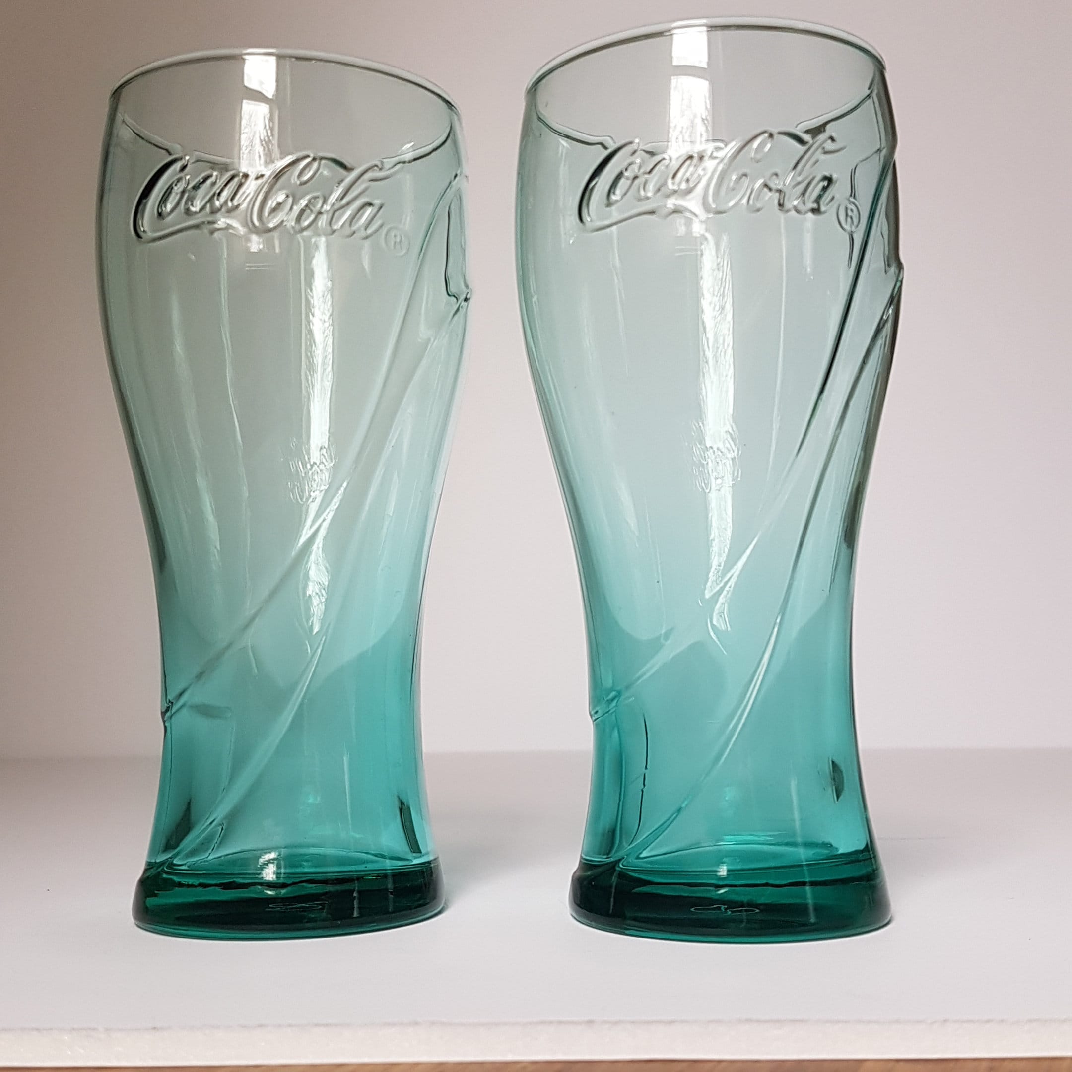 Set of 2 Coca Cola Teal Green Glass Tumblers, 12oz Drinking Glasses