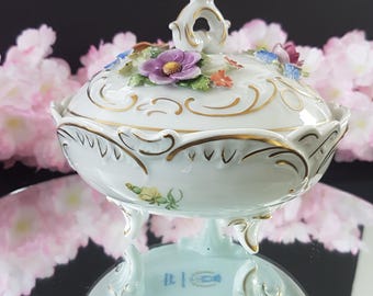 Hand Painted Dresden Porcelain Candy Dish with Applied Flowers, Made in Germany