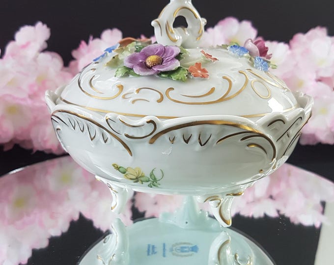 Hand Painted Dresden Porcelain Candy Dish with Applied Flowers, Made in Germany