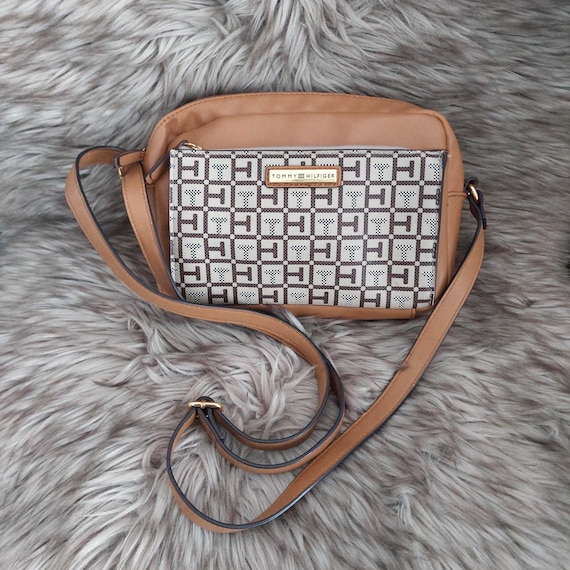 Tommy Hilfiger Monogram Logo Tan Vegan Leather Crossbody Bag Designer Handbag Purse