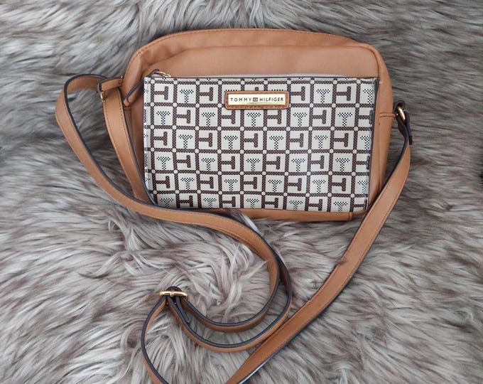 Tommy Hilfiger Monogram Logo Tan Vegan Leather Crossbody Bag Designer Handbag Purse