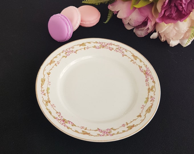 Bernardaud Limoges, Side Plates, 6.25 Inch, Set of 4, Pink Rose Vines on Rim, Pattern BER485, Made in France, 1900-1923