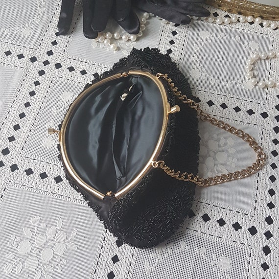 Vintage Black Beaded Purse, Evening Bag, Hang fro… - image 5