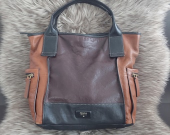 Fossil Emerson Black Brown Leather Top Handle Bag