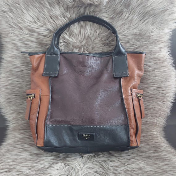 Fossil Emerson Black Brown Leather Top Handle Bag
