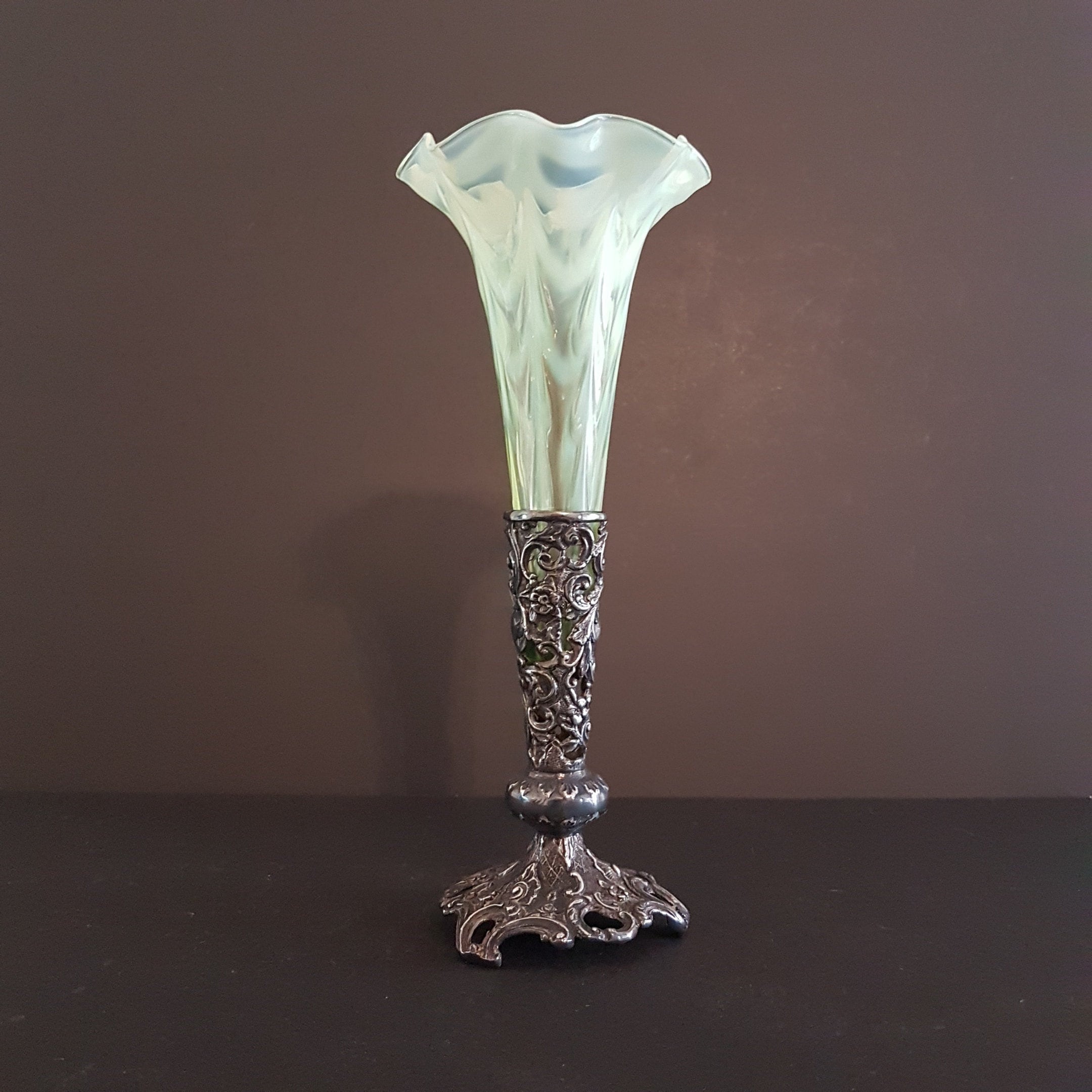 Vintage Trumpet Bud Vase Green & White Art Glass Insert with Metal