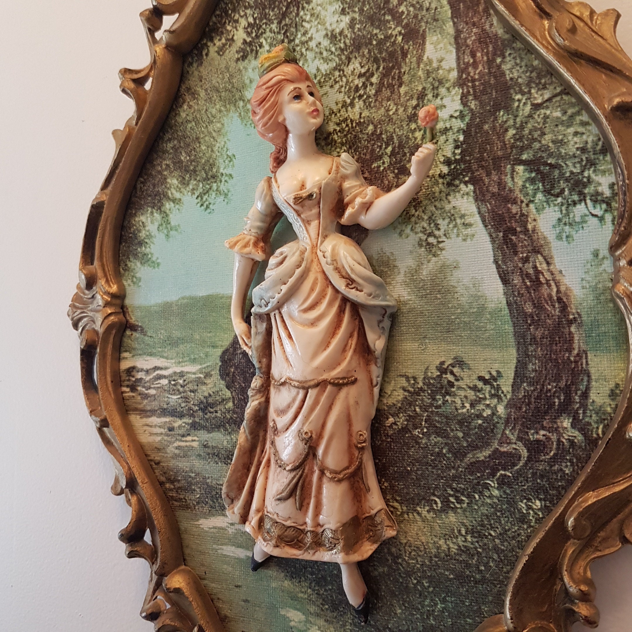 Vintage Ornate Framed Plaques, Made in Italy, Lady Figure Wall Art