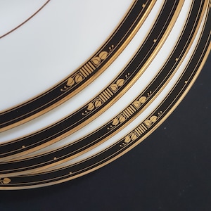 Mikasa Fine Ivory ABERDEEN, LAN06, Set of 4, 8 Inch Vintage Plates, Black Band, Gold Leaves, Made in Japan