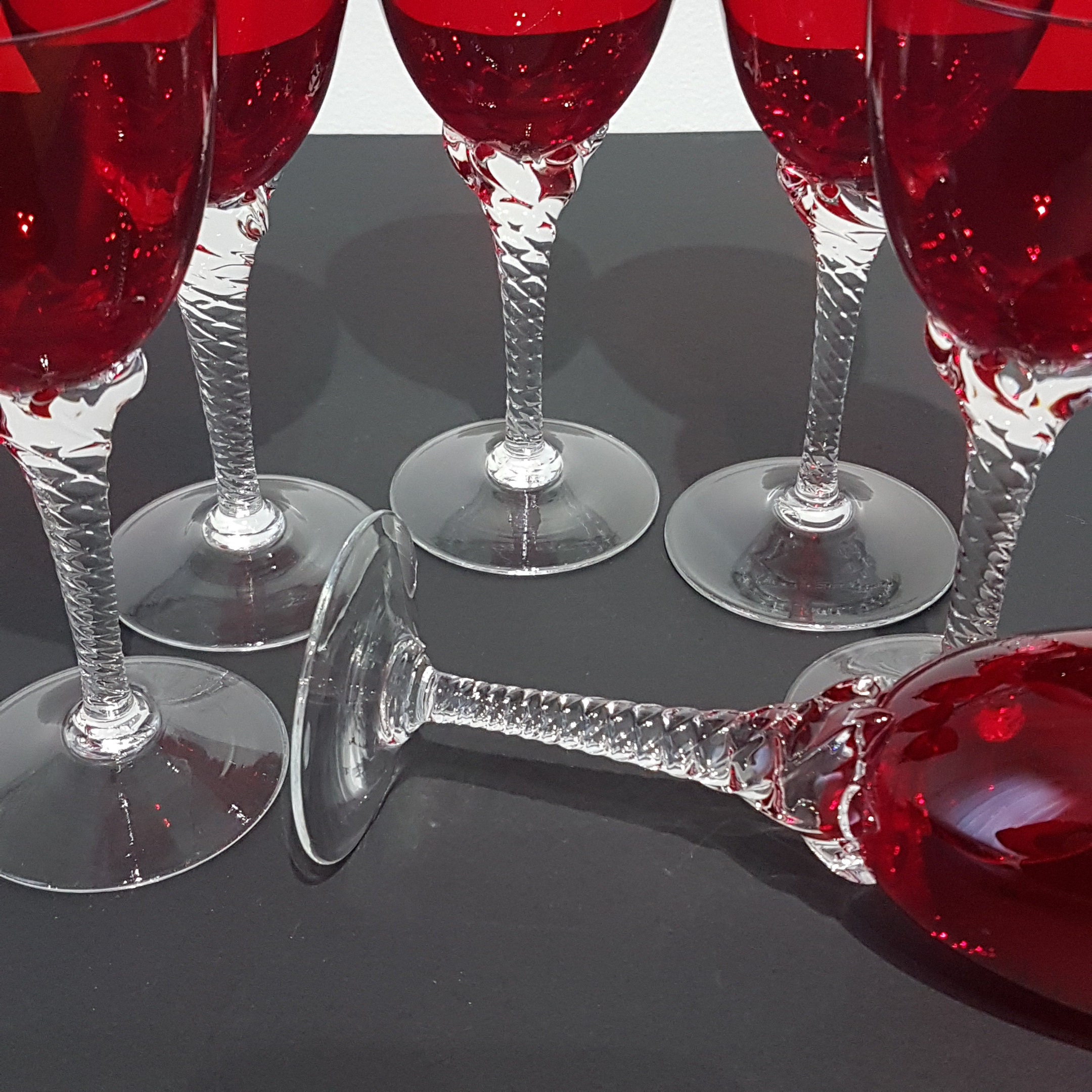 2 pc - Ruby Red Sasaki Crystal Wine Glasses Hand Blown Twisted Clear Stem