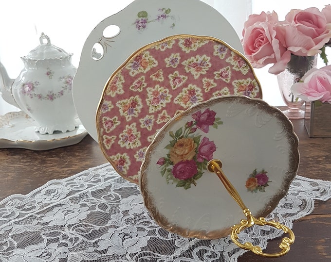 3 Tier Cake Stand, Mismatch China, Floral Vintage Plates, Pink Roses, Purple Flowers, Afternoon Tea Party, Cupcake Dessert Stand