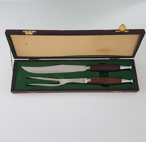 Vintage Stainless Steel Meat Carving Set: Japan Wooden Handle Knife & Fork