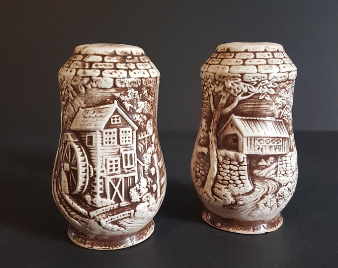 Salt and Pepper Shakers, Flour Mill, Water Wheel, Covered Bridge, Made in Japan